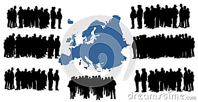 Vector silhouette of a group of refugees, migration crisis in Europe. War migration waves. Stock Photo