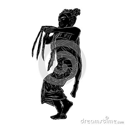 Simple Vector Silhouette and Hand Draw Sketch, Young Girl Traditional Bali Indonesia Traditional Dancer, isolated on white Vector Illustration