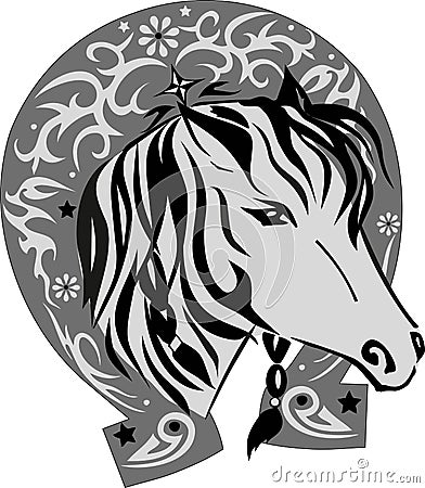 Vector silhouette of a horse with a horseshoe, a pet with a good luck symbol, a horse illustration the head, a pattern on an iron Vector Illustration