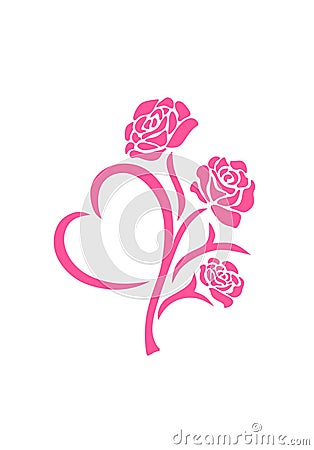 Vector silhouette of a pink roses flower in tattoo style with heart-shaped leaf isolated on white background. Cartoon Illustration