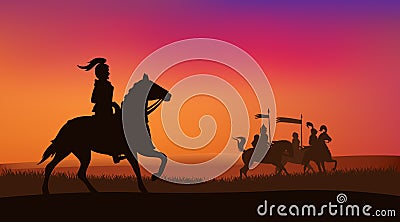 Vector silhouette scene of sunset field with medieval knights and horses Vector Illustration