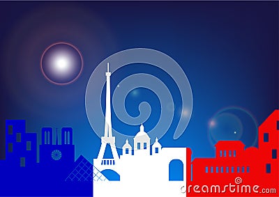 Vector silhouette skyline Paris by night with French flag Vector Illustration