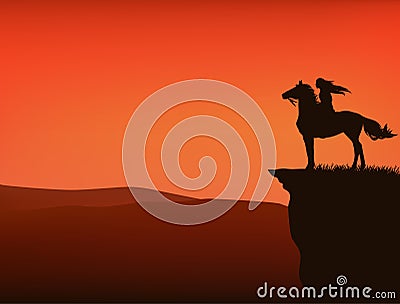 Vector silhouette sunset scene with native american indian woman and horse at cliff top Vector Illustration