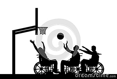 Vector silhouette three disabled people play wheelchair basketball Stock Photo