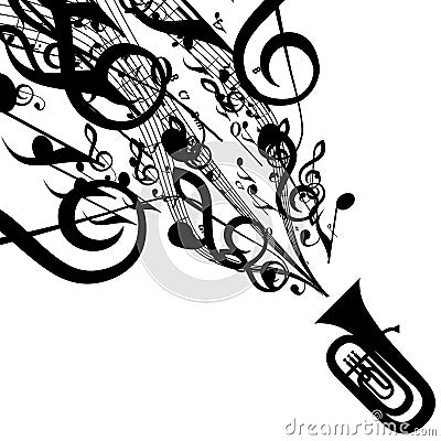 Vector Silhouette of Tuba with Musical Symbols Stock Photo