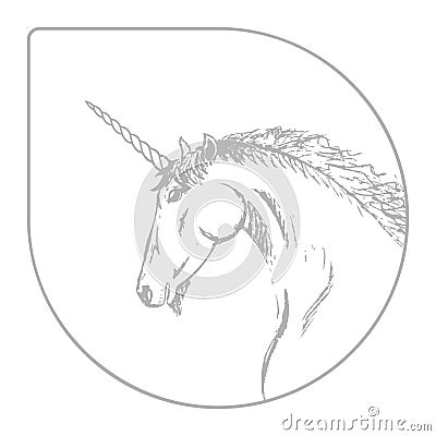 Vector silhouette of a unicorn. Gray and white sketch for a postcard or logo. Handmade doodle Vector Illustration