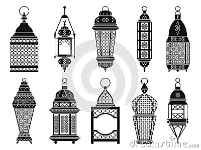 Vector silhouette of vintage arabic lanterns and lamps isolate on white background Vector Illustration