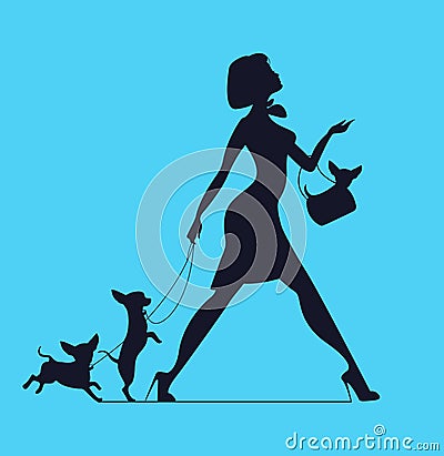 Vector silhouette of woman with dog. Young woman walking dogs. Vector Illustration