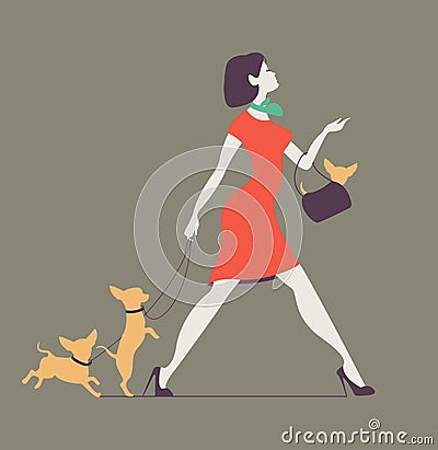 Vector silhouette of woman with dog. Young woman walking dogs. Fashionista with dogs Vector Illustration