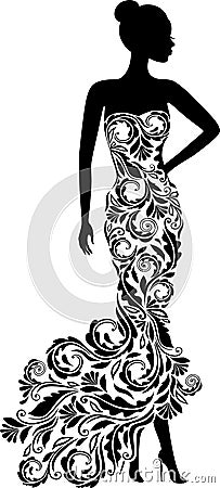 Vector silhouette of woman in elegant wedding dress Vector Illustration