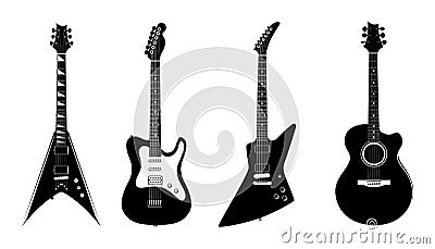 Vector silhouettes of Acoustic guitar and Electric guitars black color isolated on white. Vector Illustration