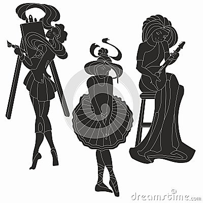 Vector silhouettes of art women. Artist musician Vector Illustration