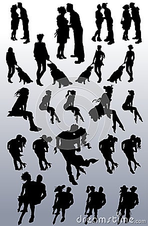 Vector silhouettes of couples, single women, dogs Stock Photo