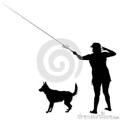 Vector silhouettes of dog breed shepherd dog and woman fisherwoman throws spinning Vector Illustration