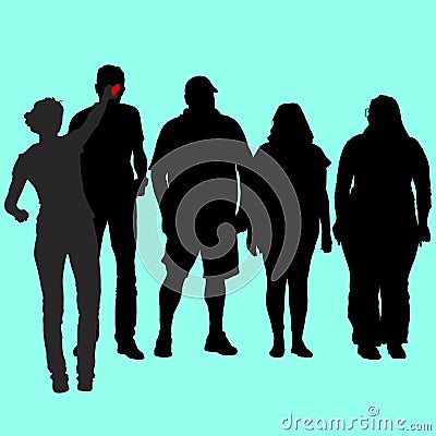 Vector silhouettes of a group of people of different proportions, thin and full in sportswear on vacation. Slim girl interviews Vector Illustration
