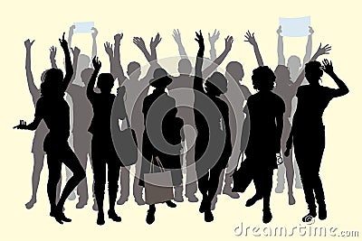 Vector silhouettes isolated group of tourists stand in 2 rows, people raised their hands up, waving affably, women with bags in Vector Illustration