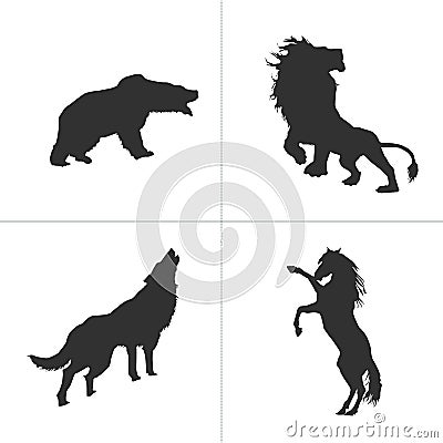 Vector silhouettes of lion, horse, bear, wolf. Stock Vector illustration isolated on white background. Vector Illustration