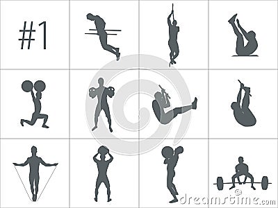 Vector silhouettes of people doing fitness and crossfit workouts Vector Illustration