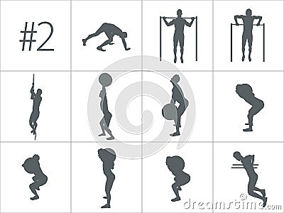 Vector silhouettes of people doing fitness and crossfit workouts Vector Illustration