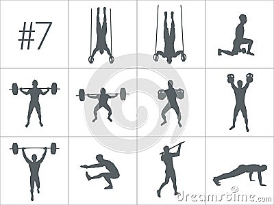 Vector silhouettes of people doing fitness and crossfit workouts Vector Illustration