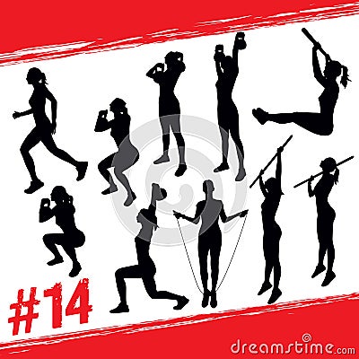 Vector silhouettes of people doing fitness and crossfit workouts Vector Illustration