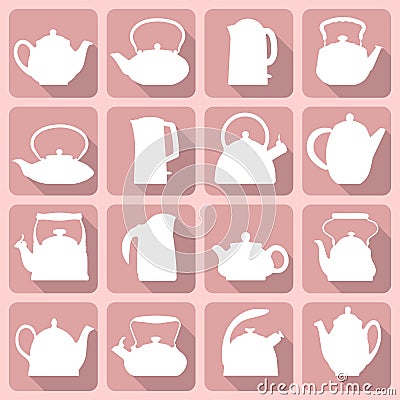 Vector silhouettes stylized flat logo teapot set isolated on pink Vector Illustration