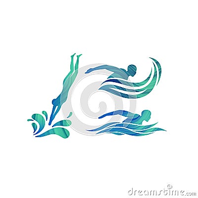 Vector Silhouettes of Swimmers. Concept for Swimming Pools Logo, Competitions Icon and Symbol for Swim School. Vector Illustration