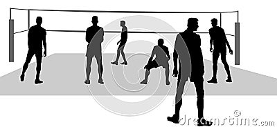 Vector silhouettes of a team of volleyball players during the game. Six people stand in front of a volleyball net. View of people Vector Illustration