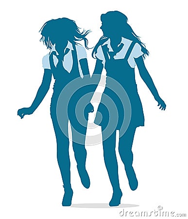 Silhouettes of teenage school girls running togeth Vector Illustration