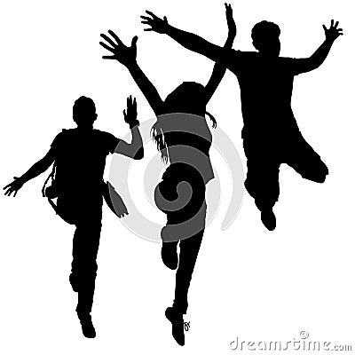 Vector silhouettes of three fun jumping young people, a group of girls and two guys. The concept of victory, glee, happiness Vector Illustration