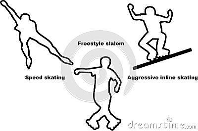 Vector silhouettes of three sportsmen roller skaters of different types Vector Illustration