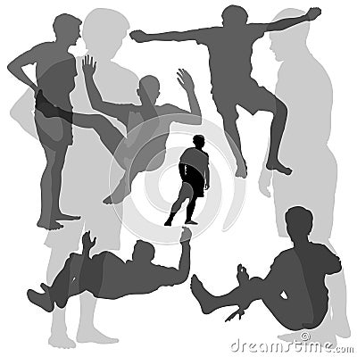 Vector silhouettes of 8 young guys involved in the gym. Men jump on trampolines. Two male silhouette in profile in full growth. Stock Photo