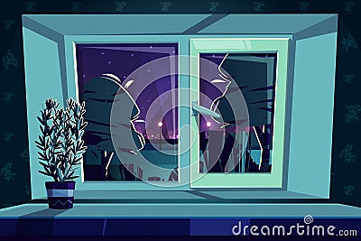 Vector window at night, rosemary on sill Vector Illustration