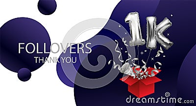 Vector silver number 1000 thousand metal ball. Party decoration balloons 1K flies out of the box with a streamer. anniversary sign Vector Illustration