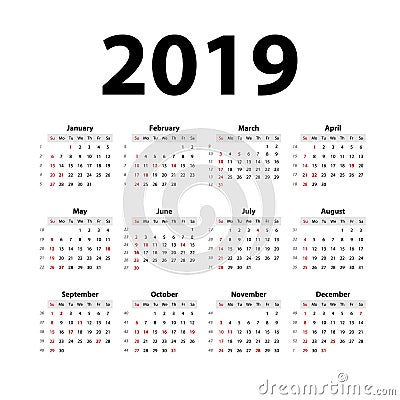 Vector Simple calendar Layout for 2019 years. Week starts from Sunday. Vector Illustration