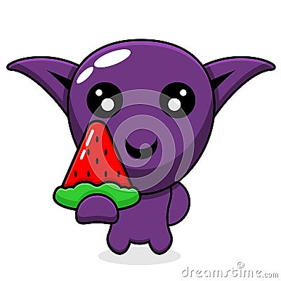 Purple goblin holding watermelon triangle Vector Illustration