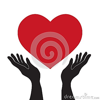 vector simple flat black hands holding red heart icon, love romance or health care concept Vector Illustration