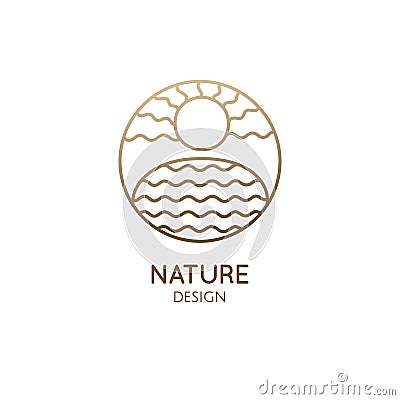 Vector simple logo of nature. Linear icon of landscape with lake and sun. Minimal logotype for business emblems, badge Vector Illustration