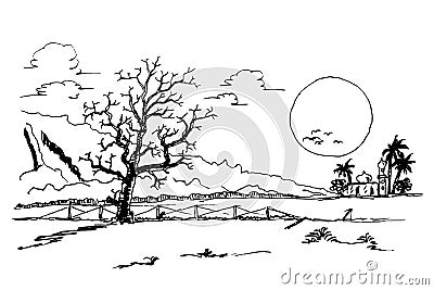 Simple sketch of dead tree, hill, mountain and mosque Stock Photo