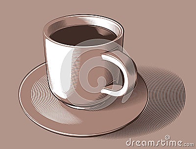 Vector simplified image of a cup of coffee and a saucer, on a light brown background Vector Illustration