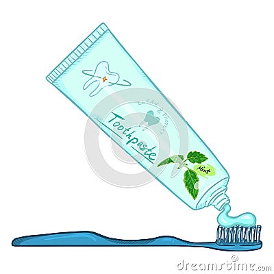 Vector Single Cartoon Color Illustration - Tube of Toothpaste with Toothbrush Vector Illustration