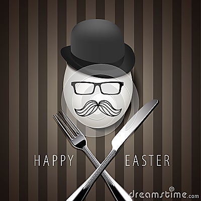 Vector Single Hipster Egg on with Knife and Fork on Brown Backgr Vector Illustration