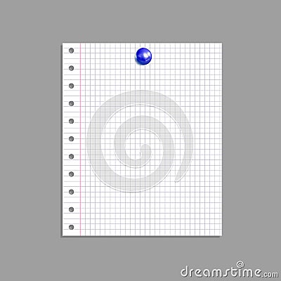 Vector Single Notebook Paper Sheet, Graph Page with Realistic Blue Pin Button Isolated on Gray Background. Vector Illustration