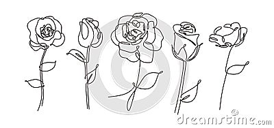 vector single one line drawn set of flowers. Rose flower drawing outline illustration isolated on white background. Botanical Vector Illustration