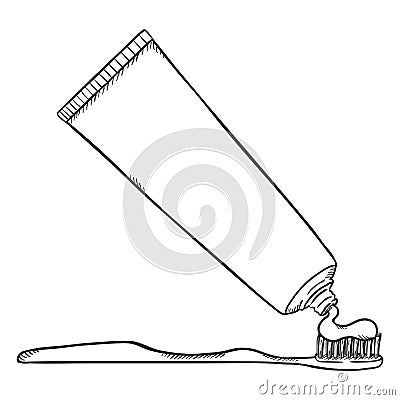 Vector Single Sketch Illustration - Tube of Toothpaste with Toothbrush Vector Illustration