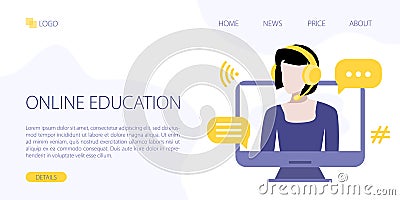 Vector site template of online education service. Online education from home concept. Landing page illustration. Woman or teacher Vector Illustration