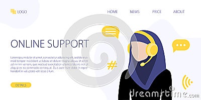 Vector site template of online support service. Landing page illustration. Muslim woman or worker in headphones in hijab with Vector Illustration