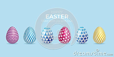 Vector six easter eggs various patterns on light blue background. Vector Illustration