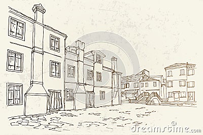 Vector sketch of architecture of Burano island, Venice, Italy. Vector Illustration