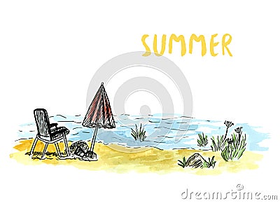 Vector sketch art with beach armchair and umbrella. River or sea holidays. Hand drawn watercolor illustration. Vector Illustration